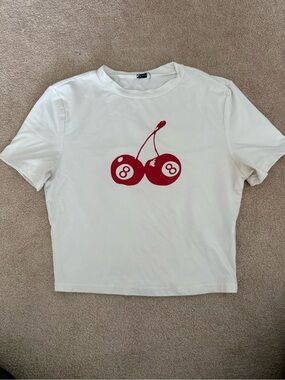 Princess Polly White Graphic Tee with Red Cherry 8-Ball